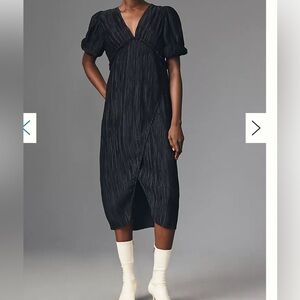 Anthropologie V-Neck Pleated Slim Midi Dress Black Textured Size MP